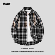 CLOR格子長(cháng)袖襯衫男士春秋季潮流ins寬松休閑襯衣外套 CLCX04黑色XL