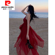 皮爾卡丹（pierre cardin）飄逸仙氣連衣裙夏季紅色沙灘裙海邊度假旅游穿搭高腰不規(guī)則吊帶裙 酒紅色 XL