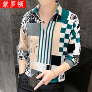 蒙羅頓  夏季寬松薄款T恤男士中袖個(gè)性潮牌V領(lǐng)上衣服韓版七分袖體恤 大格子綠色 M