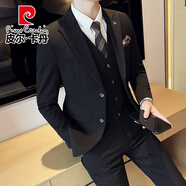 皮爾卡丹（pierre cardin）商務(wù)修身西服套裝男士春夏季新款呢料西裝三件套新郎結婚正裝禮服 四季偏薄款-SJT8832黑色兩件套 XL