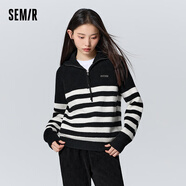 森馬（Semir）毛衣女條紋插肩袖寬松上衣氣質(zhì)通勤冬季休閑風(fēng)打底衫女士百搭 黑白色調00391 155/80A/S
