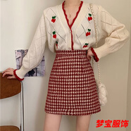 事思圣誕紅色千鳥格子半身裙秋冬新款洋氣寬松顯瘦高腰短裙包臀裙冬裙 妖嬈紅松緊腰 毛呢面料/內(nèi)設(shè)安全 S 建議70-90斤