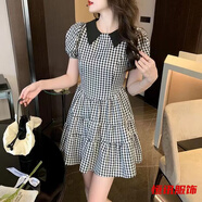 美梵朗夏季連衣裙新款印花收腰氣質(zhì)時(shí)尚圓領(lǐng)波點(diǎn)短袖雪紡裙子女夏中長(cháng)款 黑白格子 有拉鏈-約會(huì )戰袍 S -約會(huì )戰袍