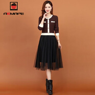 AEMAPE 連衣裙女新款2026春夏季時(shí)尚氣質(zhì)假兩件網(wǎng)紗拼接裙子女裝秋 咖色 XL _120-130斤