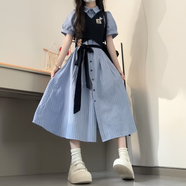 SELILECO秋季穿搭女套裝初高中生2024新款單件女學(xué)生泡泡袖條紋排扣OLO領(lǐng) 襯衫連衣裙+馬甲 兩件套 L【105-115斤】