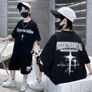 童榜男童套裝夏裝新時(shí)尚男孩T恤短褲兩件套中大童學(xué)生夏季兒童套裝潮 黑色 2363套裝 150 建議身高140-145CM