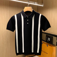 NPZ 高級感夏季男士商務(wù)休閑輕薄短袖復(fù)古時尚修身拼色條紋polo衫男 黑色 L碼【130斤-139斤】
