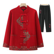 卓汐顏媽媽秋冬加絨針織開(kāi)衫外套奶奶毛衣老年人套裝女老太太中式唐裝厚 大紅色【上衣+春秋繡花褲】 常規 XL 建議【80-100斤】