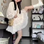 鏡莎荷葉邊長(cháng)袖連衣裙2023新款防曬溫柔風(fēng)小個(gè)子收腰顯瘦V領(lǐng)仙女短裙 米白色 均碼【可備注碼數】
