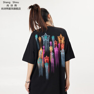 尚詩(shī)煦美式復(fù)古原創(chuàng)短袖男t恤夏季卡通趣味涂鴉T恤短柚男女街頭上衣體恤 TM8062-黑色 S