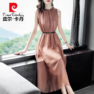 皮爾卡丹純色雪紡連衣裙女2025夏季新款收腰氣質(zhì)顯瘦中長(cháng)款真絲無(wú)袖背心裙 皮粉色 2XL 125-135斤