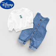 迪士尼（Disney）嬰兒牛仔背帶褲春秋款男幼童按扣連體褲大pp褲一歲女寶寶褲子秋裝 鉆藍(lán)色套裝 衛(wèi)衣+背帶褲 80 cm