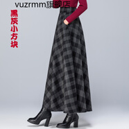 vuzrmm輕奢冬季新款加厚毛呢半身裙女格子長裙a字裙高腰大擺長裙冬長裙 黑灰小方塊 XL腰圍2.4-2.5尺長度90厘米