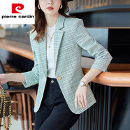 皮爾卡丹（pierre cardin）格子小西裝女短款時(shí)尚休閑長(zhǎng)袖女士職業(yè)西裝開(kāi)衫外套新款氣質(zhì)上衣 綠色西裝(外套女) S [80-95斤]