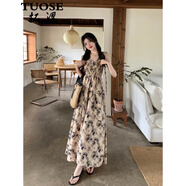 拓澀（TUOSE）夏季新款女裝氣質(zhì)吊帶長(zhǎng)裙森系碎花高腰顯瘦收腰長(zhǎng)款抹胸連衣裙 黑色 XL