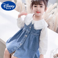 迪士尼（Disney）女童牛仔連衣裙春秋季襯衫套裝2024新款兒童女寶寶洋氣小童兩件套 蕾絲襯衫和馬甲連衣裙套裝 100