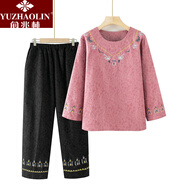 俞兆林（YUZHAOLIN）媽媽春秋裝兩件套70歲80棉麻中年人媽媽夏裝繡花襯衫套裝老人衣服 226-粉色套裝 3XL (建議115-130斤)