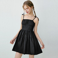 樂(lè )町黑色吊帶裙壓褶背心裙拼接顯瘦純棉挺闊打底裙 黑色（預售） S