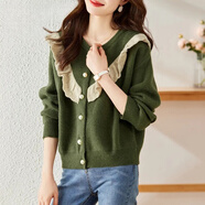 拉夏貝爾（La Chapelle）毛衣女2023秋冬寬松蕾絲拼接外套冬季穿搭開(kāi)衫針織衫 純100自動(dòng)發(fā)熱綠色 純100自動(dòng)發(fā)熱S 85-95