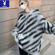 花花公子（PLAYBOY）斑馬紋毛衣男冬季加厚水貂絨針織衫秋冬款美式日系復(fù)古慵懶風外套 灰色-男女同款【高質(zhì)量】 M 102-110斤