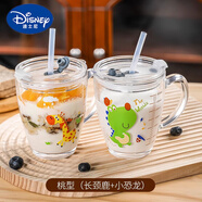 迪士尼（Disney）鋼化玻璃杯防摔家用兒童牛奶杯刻度喝水杯子女可加熱奶粉杯 【長頸鹿+棒球龍】杯 +2蓋+2吸管