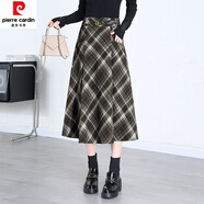皮爾卡丹（pierre cardin）毛呢格子裙半身裙女秋冬2023新款高腰顯瘦中長(cháng)款百褶裙復古a字裙 咖啡格 XL 體重115~125斤