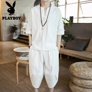 花花公子（PLAYBOY）亞麻短袖t恤男大碼寬松體恤潮牌厚款棉麻短褲休閑套裝 【套裝】白色 XL 適合體重(120-135)斤