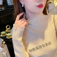 浪莎小香風(fēng)半高領(lǐng)內(nèi)搭打底衫女冬季春秋新款珍珠毛衣2023蕾絲針織上衣 杏色 M