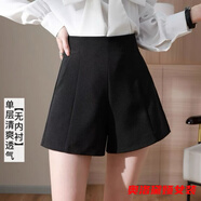 奧洛黛婭雪紡西裝短褲女夏新款白色外穿闊腿褲高腰顯瘦寬松a字休閑褲 黑色平腰【口袋款】后拉鏈 S