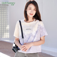 布景T恤女夏季新品圓領(lǐng)短袖胸前字母印花漸變暈染套頭衫 灰藍 L