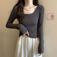 瑞立鑫雙面德絨打底衫內搭秋冬2023新款修身顯瘦長(cháng)袖T恤女設計感短上衣 深灰色 德絨 M 建議90-100斤