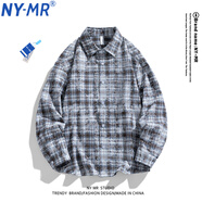 NY-MR美式潮牌格紋扎染長袖襯衫男士春季潮流翻領(lǐng)襯衣外套青少年上衣 DCZ-6577#灰色格紋扎染 L
