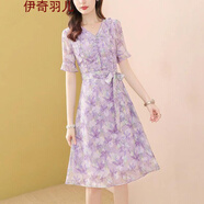 連衣裙新品夏季女裝2022新款夏裝雪紡印花名媛女鑲鉆木耳領(lǐng)系帶遮肉減齡字裙裙子通勤雪紡包臀吊帶時(shí)尚蕾 1102#紫色連衣裙 XL 115-125斤