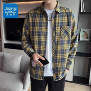 真維斯（Jeanswest）格子襯衫男款春夏季2025新款潮牌美式長袖襯衣男士上衣外套男 藍黃格 M