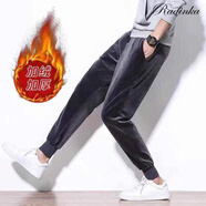 Radinka 2025秋冬新款男金絲絨休閑褲加厚雙面絨運動(dòng)褲小腳束腳哈倫褲DPY 灰色褲08【加絨加厚】 L 105-120斤