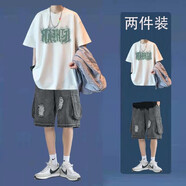 惠穿依純棉短袖t恤男夏季休閑寬松五分袖上衣韓版青少年帥氣衣服兩件裝 T46白色+牛仔灰色 2XL