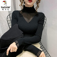 啄木鳥加絨打底衫內(nèi)搭秋冬2025新款半高領(lǐng)蕾絲拼接鏤空毛衣女洋氣修身 黑色 2XL