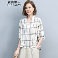衣典零一（LEDIALYI）2025夏季女裝新款休閑寬松中年棉麻短袖t恤女夏天薄款v領(lǐng)上衣小衫 白色 M （建議95-112斤）