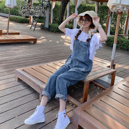 雅黛絲薇 休閑褲女裝2022夏季新款韓版學生寬松顯瘦時尚連體闊腿褲套裝女小個子九分直筒牛仔背帶褲女 牛仔藍 S