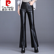 皮爾卡丹（pierre cardin）皮褲女春秋微喇長(cháng)褲2026新款加絨加厚高腰顯瘦休閑九分闊腿喇叭褲 黑色 單款/適合158-168身高 3XL 31/2尺4