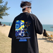Matri Mr短袖t恤男夏季大碼純棉上衣2024學生寬松百搭休閑情侶半袖ins體恤 黑色 S