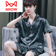 貓人（MiiOW）男士睡衣夏季夏款絲綢真絲家居服短袖短褲夏天可外穿男款大碼套裝 雙短男士玉簪綠葉 2XL (150-170斤)