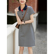 笑涵閣一點(diǎn)紅色提高品質(zhì)Polo領(lǐng)減齡條紋短袖氣質(zhì)連衣裙女 條紋. S 現貨