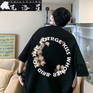 飛洛星dreamer的貓短袖城市風貌男慵懶文藝夏季潮T恤青春流行五分袖時尚 黑色 M