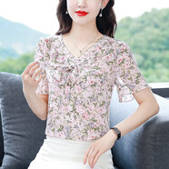 怡曼芙雪紡衫女短袖夏季時(shí)尚氣質(zhì)減齡寬松顯瘦洋氣碎花小衫女士遮肚上衣 粉色花朵 XL -建議115-125斤