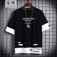 寫璇 2020新款男士短袖T恤百搭韓版ins潮流假兩件寬松男生上衣服潮牌夏天 AND破洞短袖黑色 XL