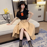 邁兜熊（MAIDOUXIONG）女童夏裝套裝新款洋氣兒童節(jié)禮物夏季時髦裙子兩件套半身裙短袖潮 卡其色 T恤+裙子兩件套 170