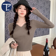 PMOG加絨保暖低領(lǐng)針織打底衫女秋冬洋氣內(nèi)搭修身短款v領(lǐng)白色加厚毛衣 燕麥色[加絨] S[建議80-90斤]