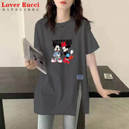 LOVER RUCCI2025年夏季新款純棉簡約短袖上衣女韓版中長款寬松百搭側(cè)開叉t恤 字母米奇-灰色 S 【95斤內(nèi)】