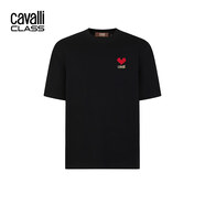 CAVALLI CLASS男女同款情侶裝T恤夏裝新款愛心刺繡純棉over size短袖T恤潮流 黑色（闊版） S